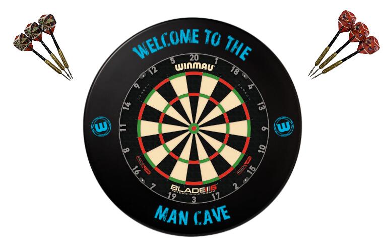 Winmau Blade 6 TRIPLE CORE Dart Board + Man Cave Dartboard Surround + Darts