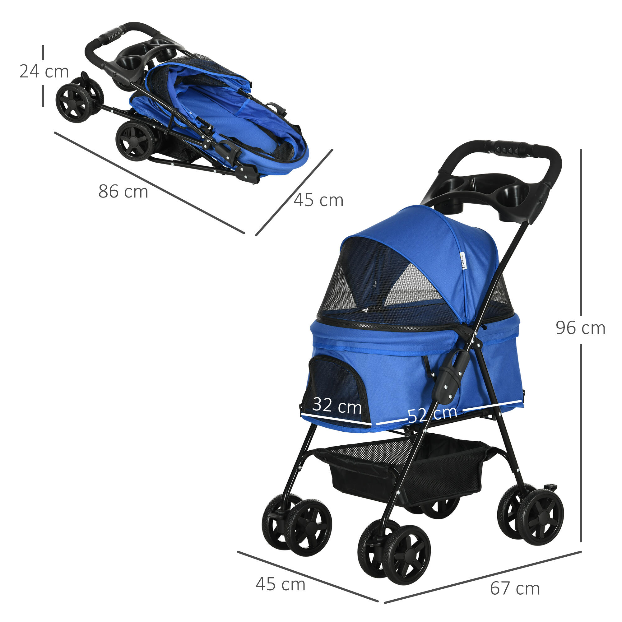 Cochecito para Mascotas PawHut 67x45x96 cm Azul 3/7