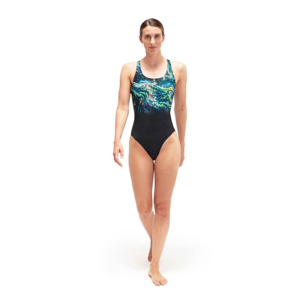 Speedo Womens Placement Digital Powerback Black/Green Glow/Marine Blue 6/7