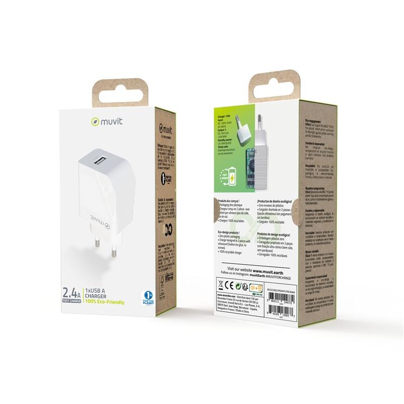 muvit for change transformador USB 2.4A 12W blanco 3/4