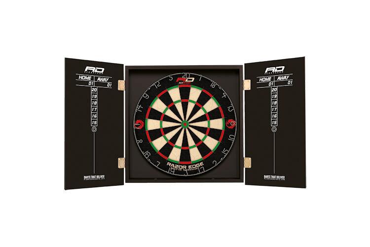 Red Dragon Razor Razoredge Dart Board and Black RD Deluxe Cabinet