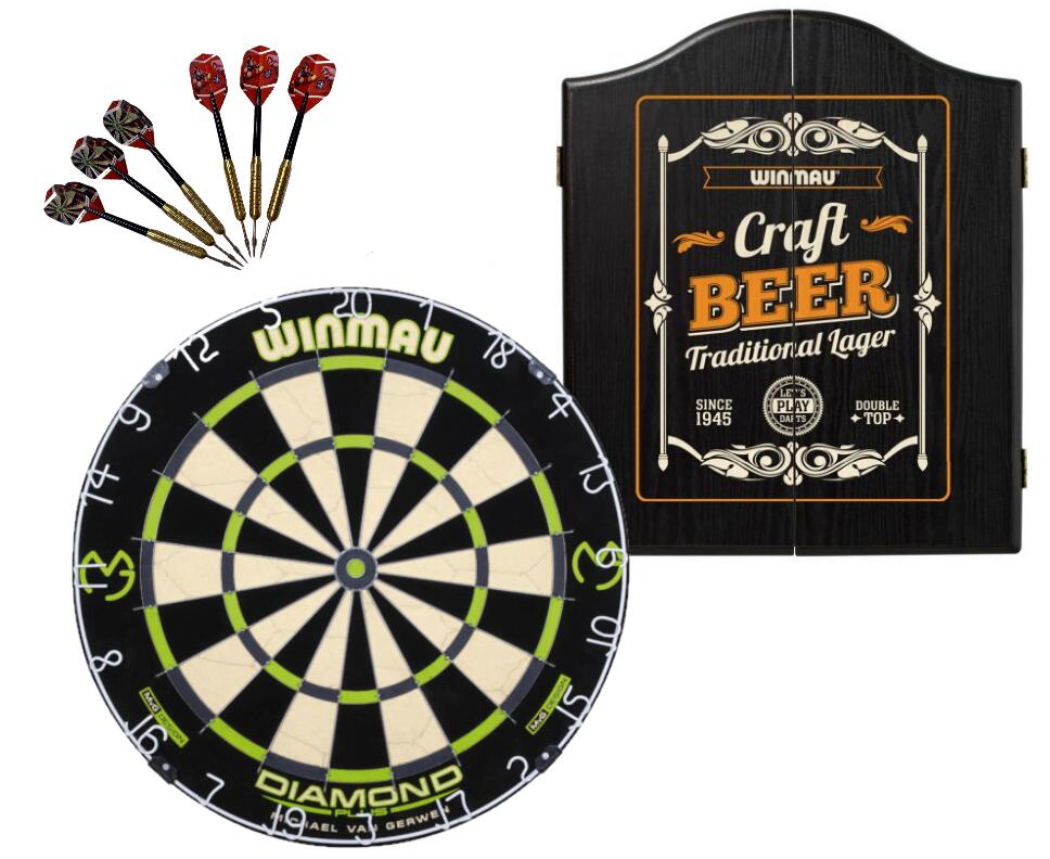 Winmau MVG Diamond Plus Dart Board + Winmau Craft Beer Cabinet + Darts