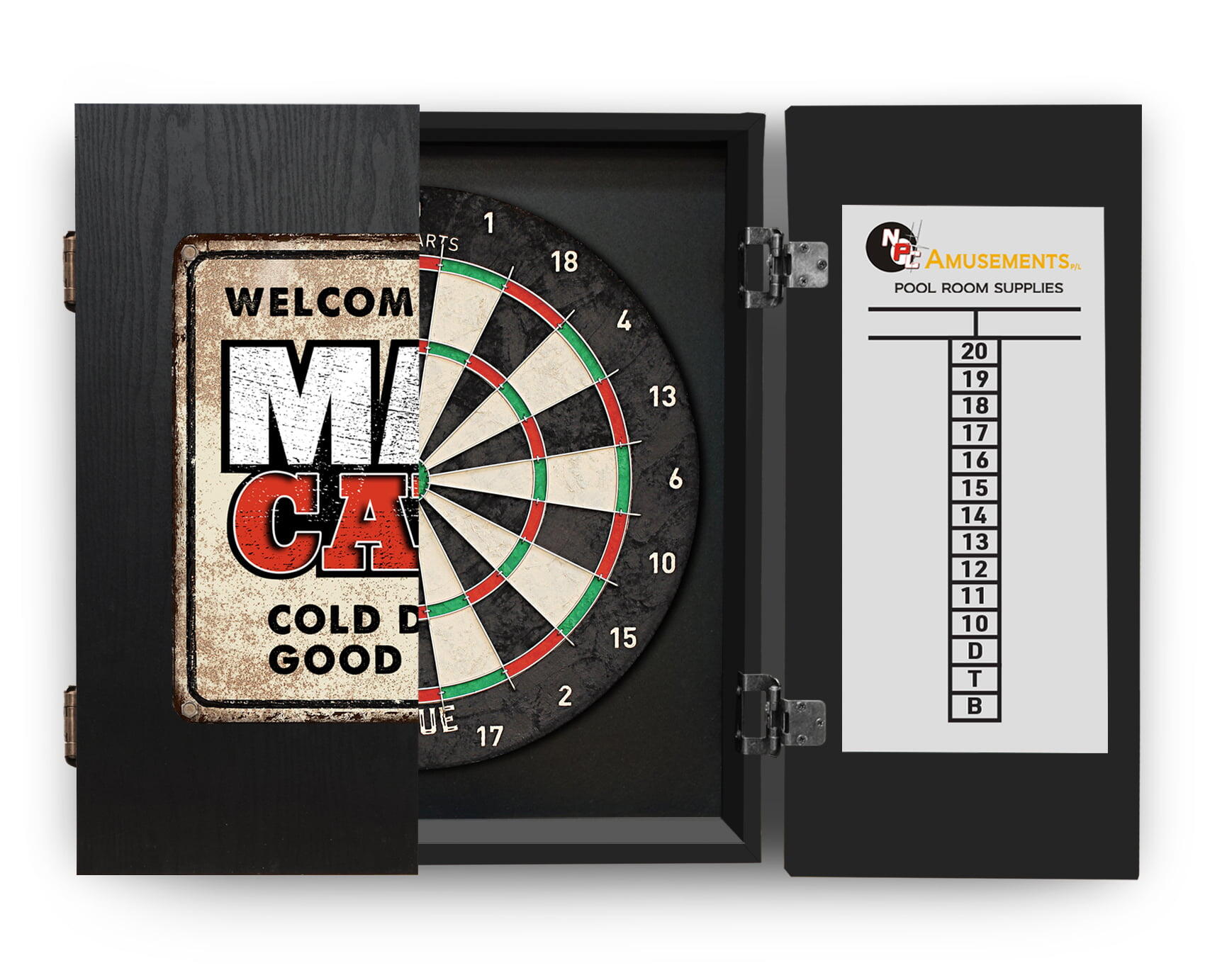 Shot Darts Rogue Dart Board + Welcome to the Man Cave Dartboard Cabinet + Darts