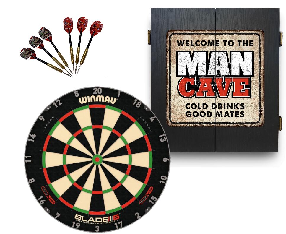Winmau Blade 6 Triple Core Dart Board + Welcome to the Man Cave Cabinet