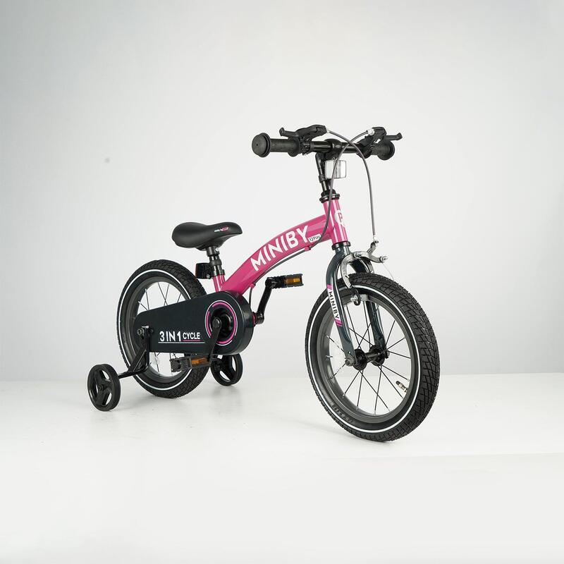 Qplay Miniby Kinderfiets 14 inch - 3 in 1 - loopfiets - Rose