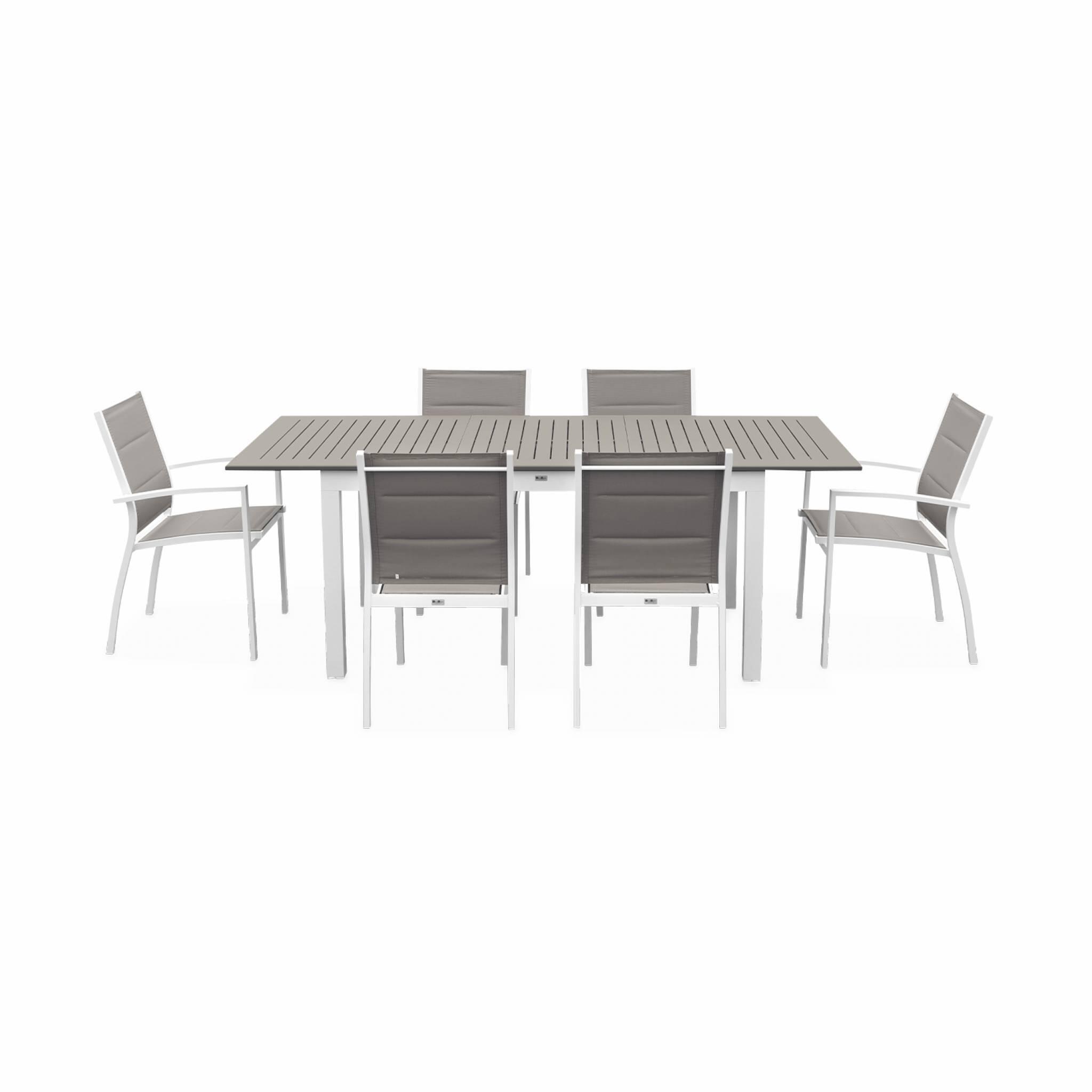 Mesa de jardín extensible de aluminio con 6 sillas, Blanco 3/6