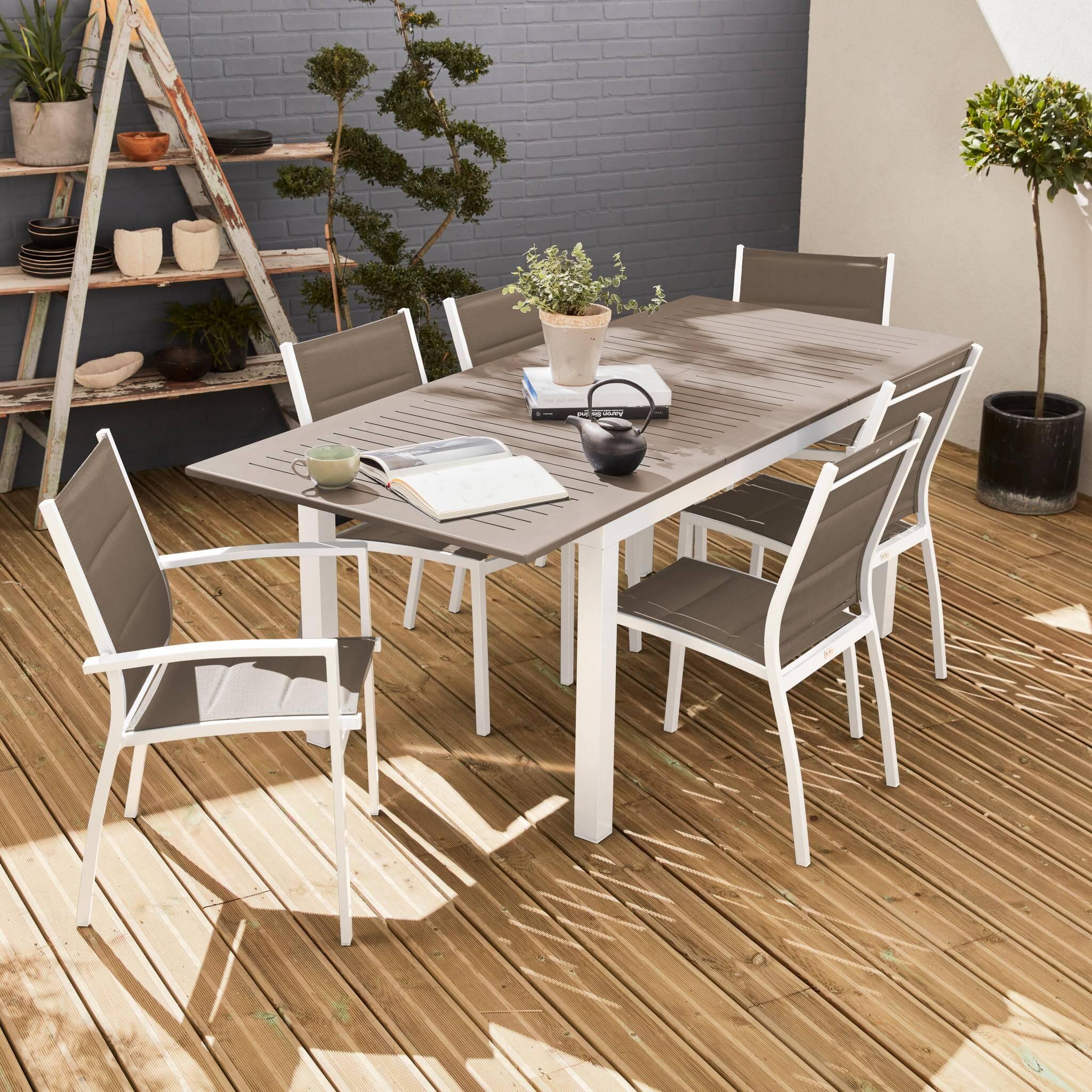 Mesa de jardín extensible de aluminio con 6 sillas, Blanco 2/6