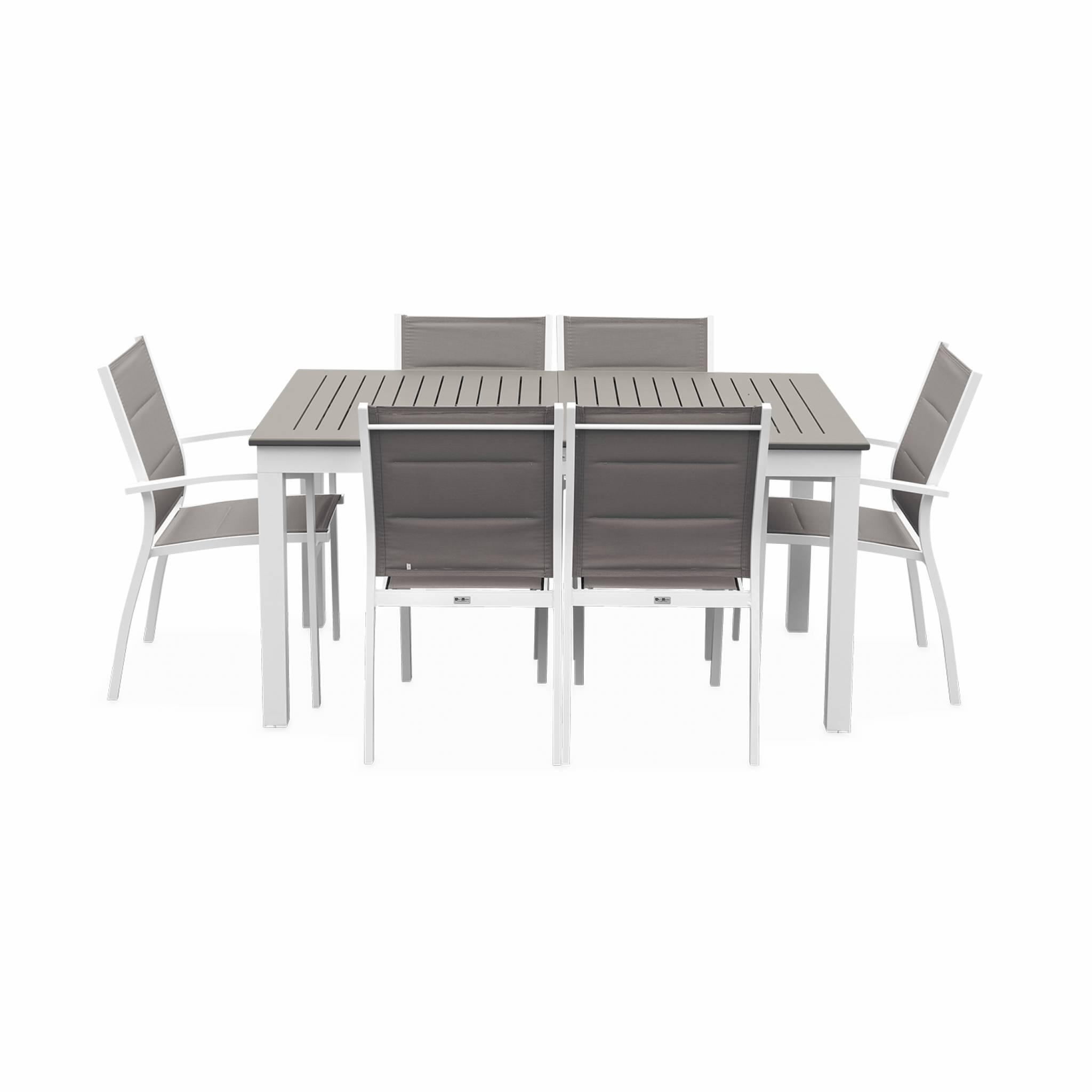 Mesa de jardín extensible de aluminio con 6 sillas, Blanco 4/6
