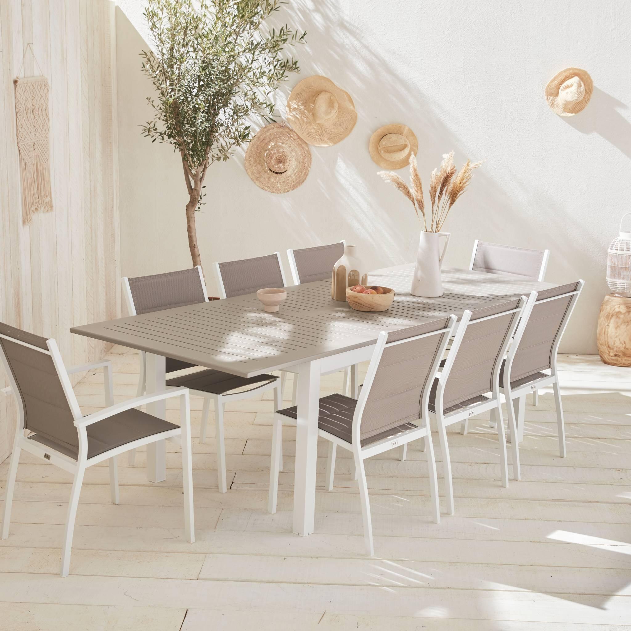 Mesa de jardín extensible de aluminio con 8 sillas, Blanco 2/6