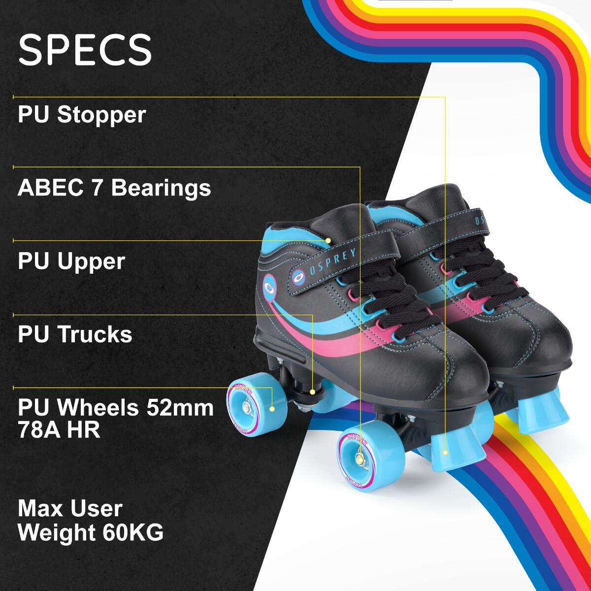 Osprey Disco Black Quad Roller Skates for Adults with ABEC 5 Bearings
