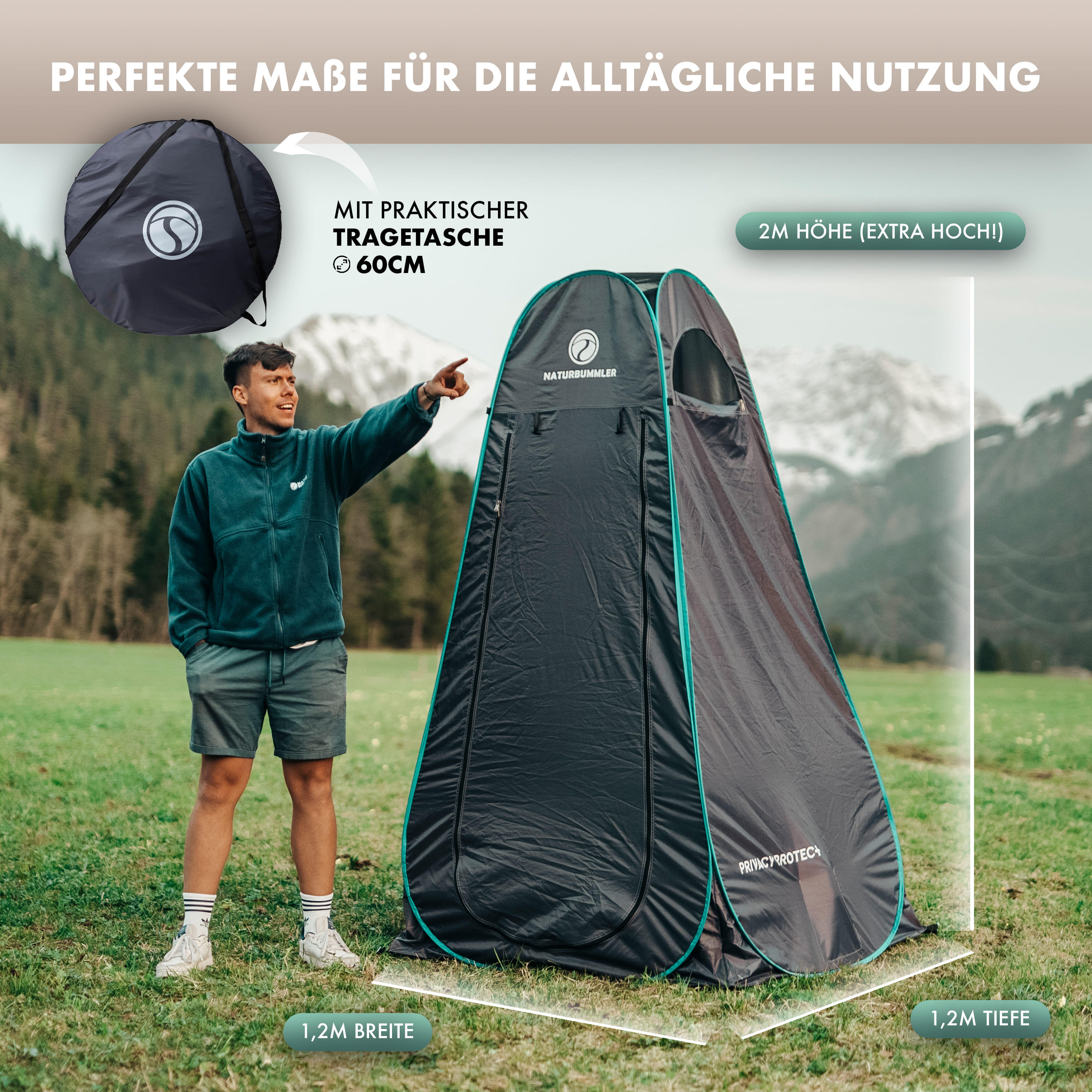 Naturbummler ® Duschzelt Pop-Up [Wasserdicht, Blickdicht & inkl. 5 Taschen] Umkl 2/7