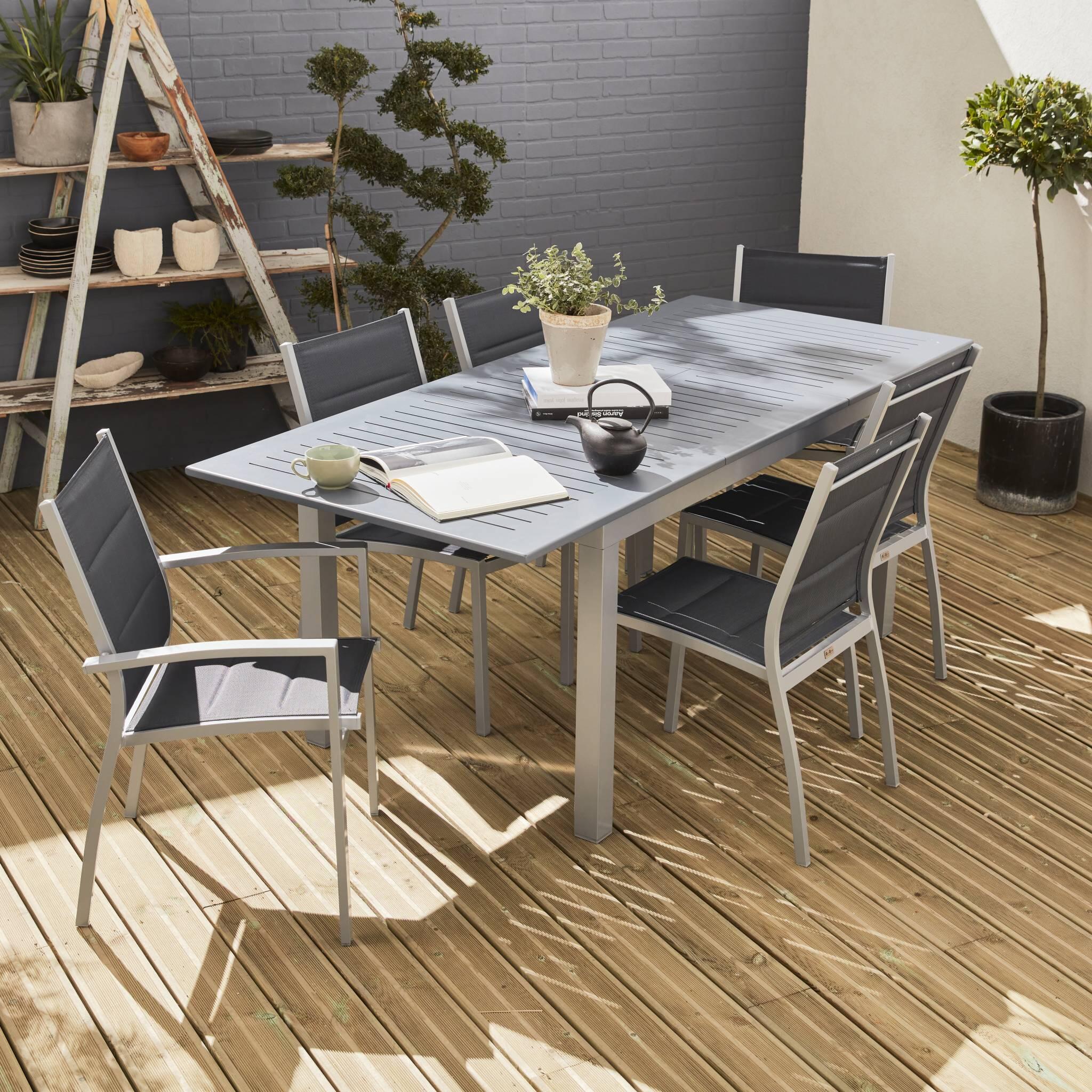 Mesa de jardín extensible de aluminio con 6 sillas, Gris 2/6