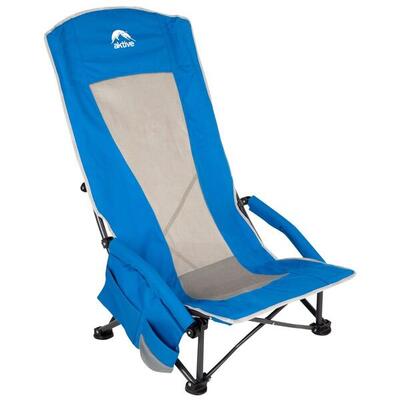 Aktive Sedia pieghevole bassa e traspirante blu con tasca e portabicchieri