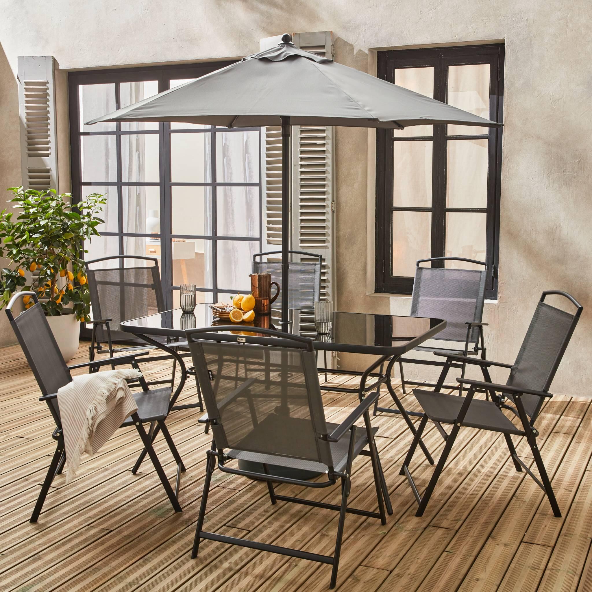 Mesa de jardim em aço, 6 poltronas e 1 guarda-sol, Cinza 3/6