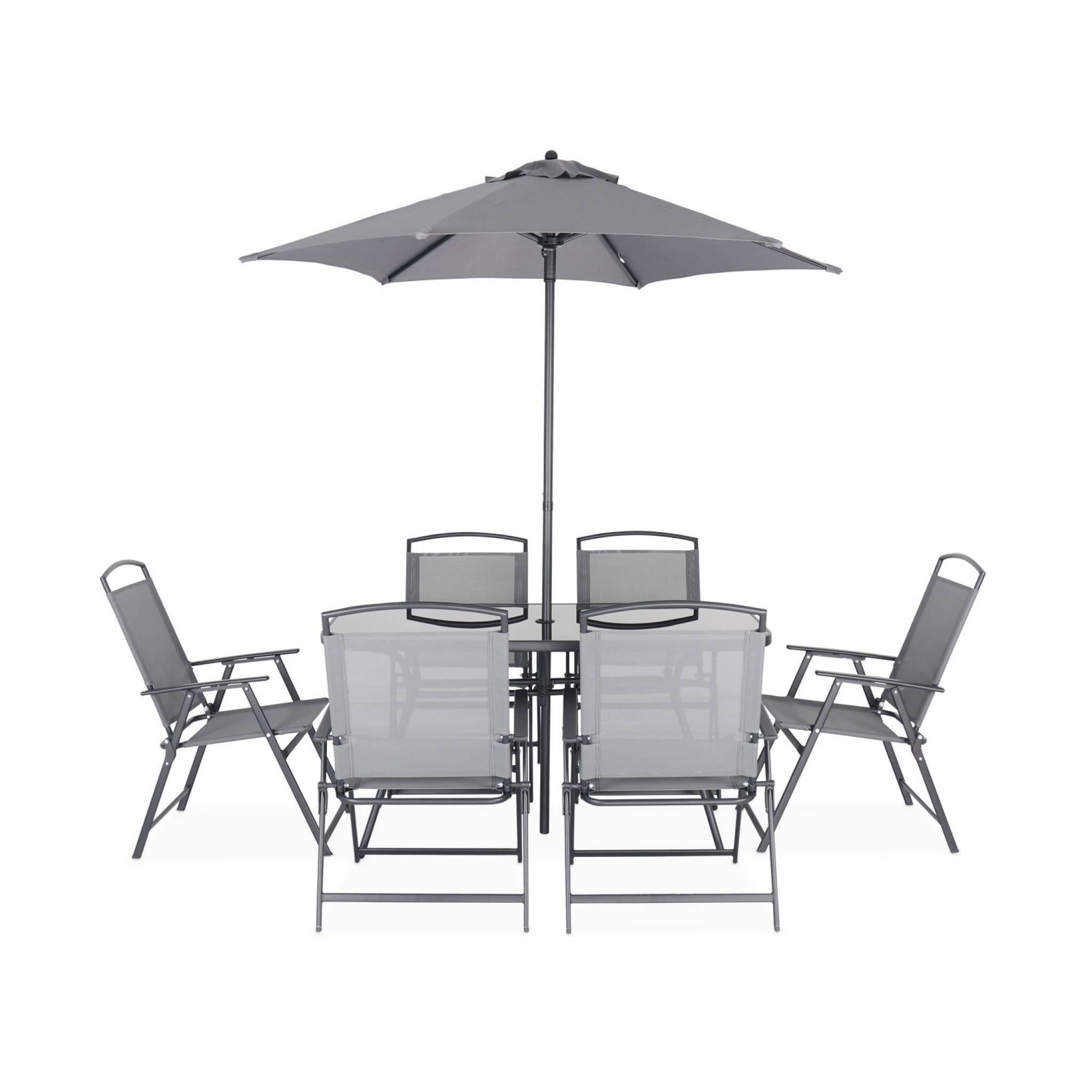 Mesa de jardim em aço, 6 poltronas e 1 guarda-sol, Cinza 4/6