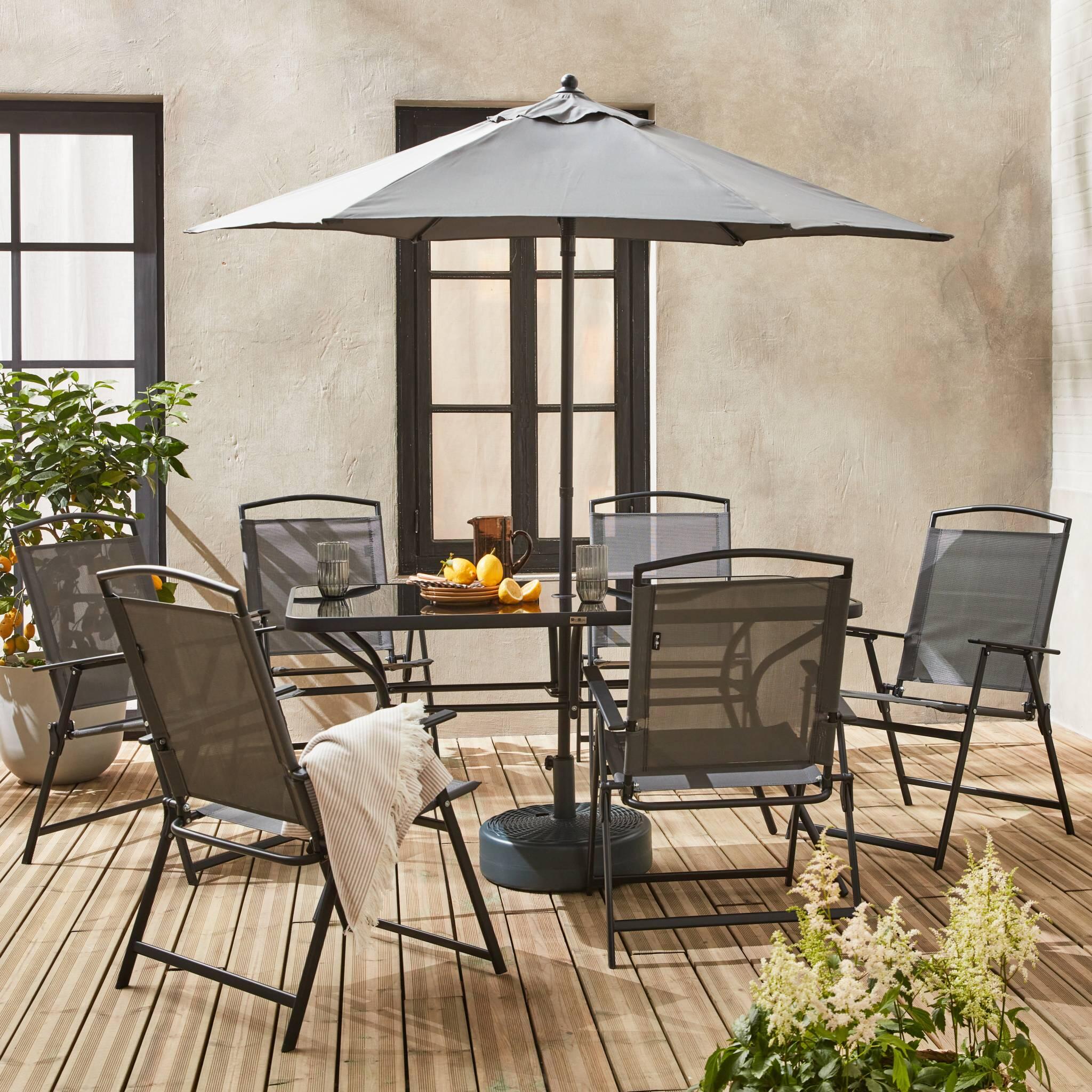 Mesa de jardim em aço, 6 poltronas e 1 guarda-sol, Cinza 2/6