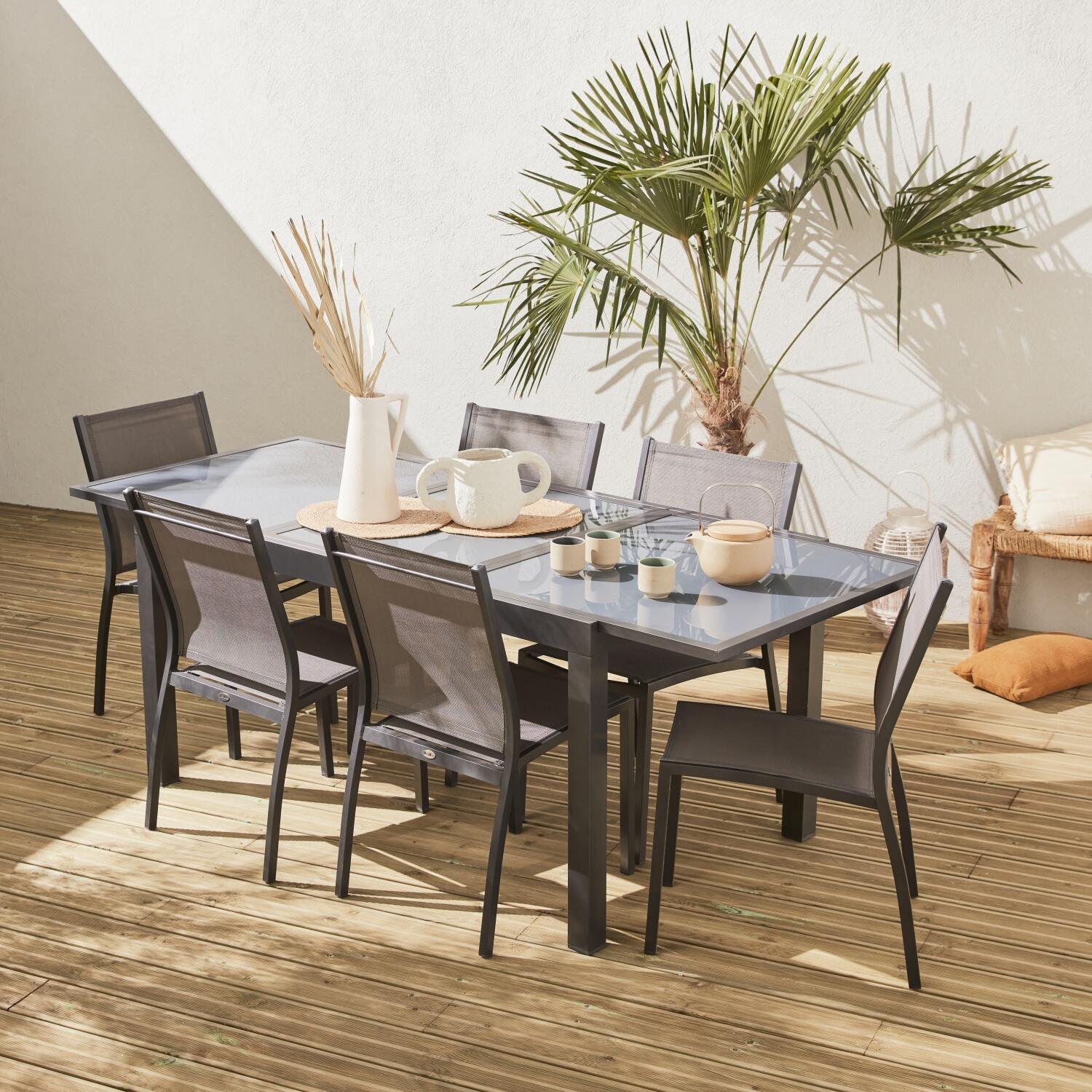 Mesa de jardim extensível em alumínio, 6 cadeiras, cinza