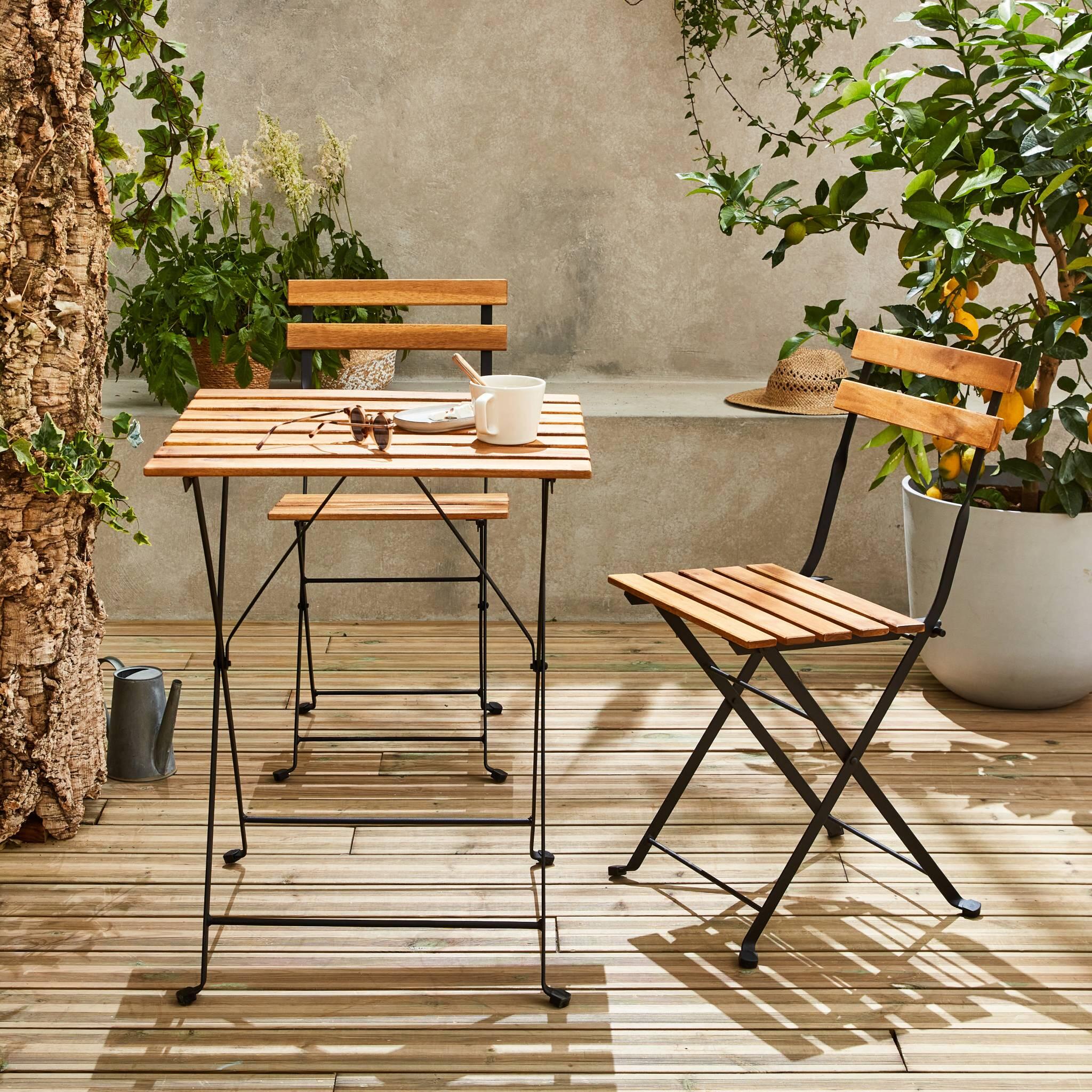 Mesa bistro plegable madera y metal con 2 sillas, Negro 5/6