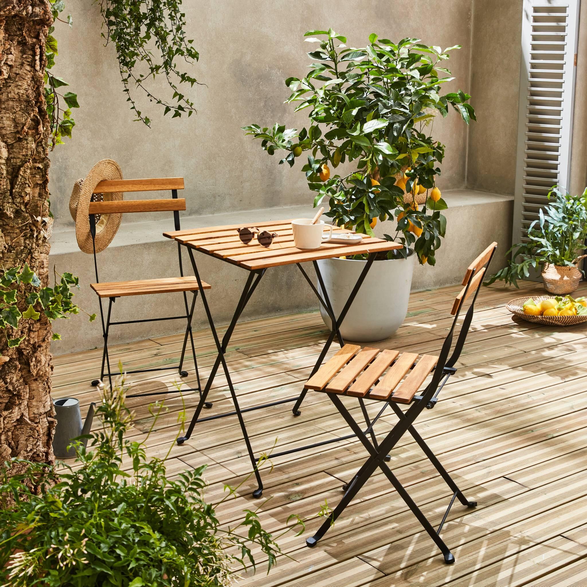 Mesa bistro plegable madera y metal con 2 sillas, Negro 4/6