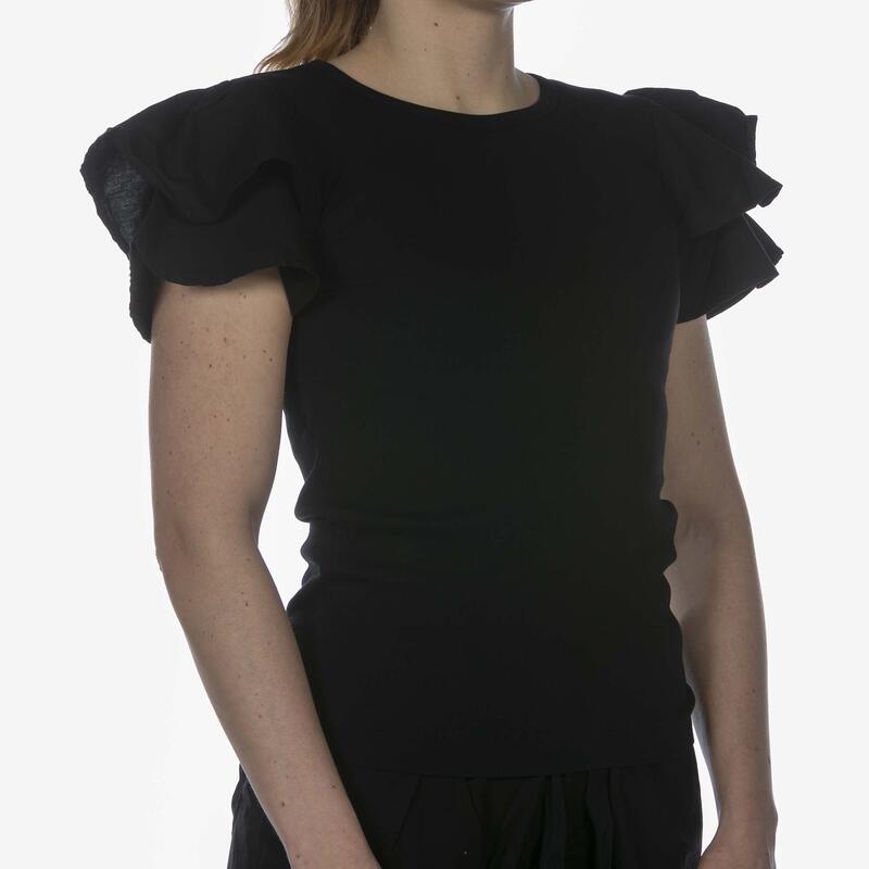 Deha T-Shirt In Rib Met Zwarte Volant Vrouwen