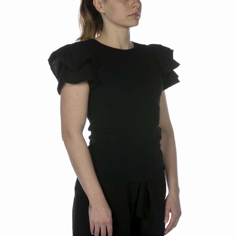 Deha T-Shirt In Rib Met Zwarte Volant Vrouwen