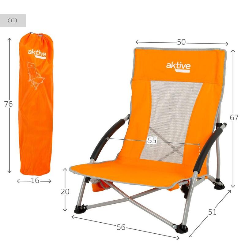 Aktive Silla de playa plegable baja y transpirable naranja c/posavasos