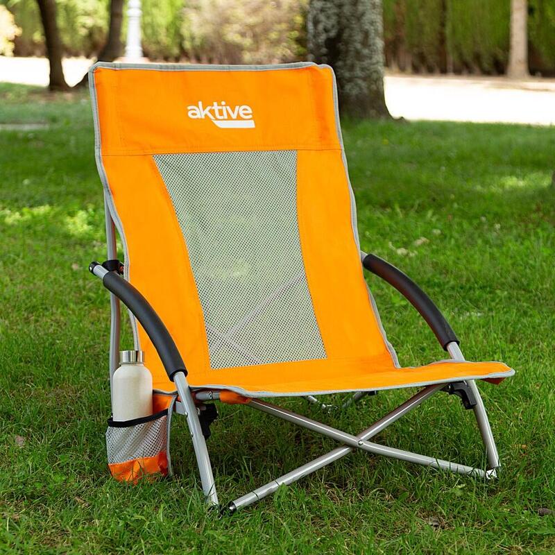 Aktive Chaise de plage pliante orange basse et respirante avec sous-verres