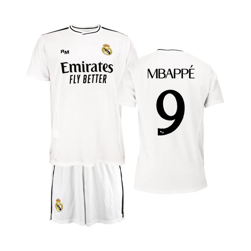 Conjunto Niños Real Madrid Mbappé 1ª Equipación Blanca Réplica Oficial 24/25