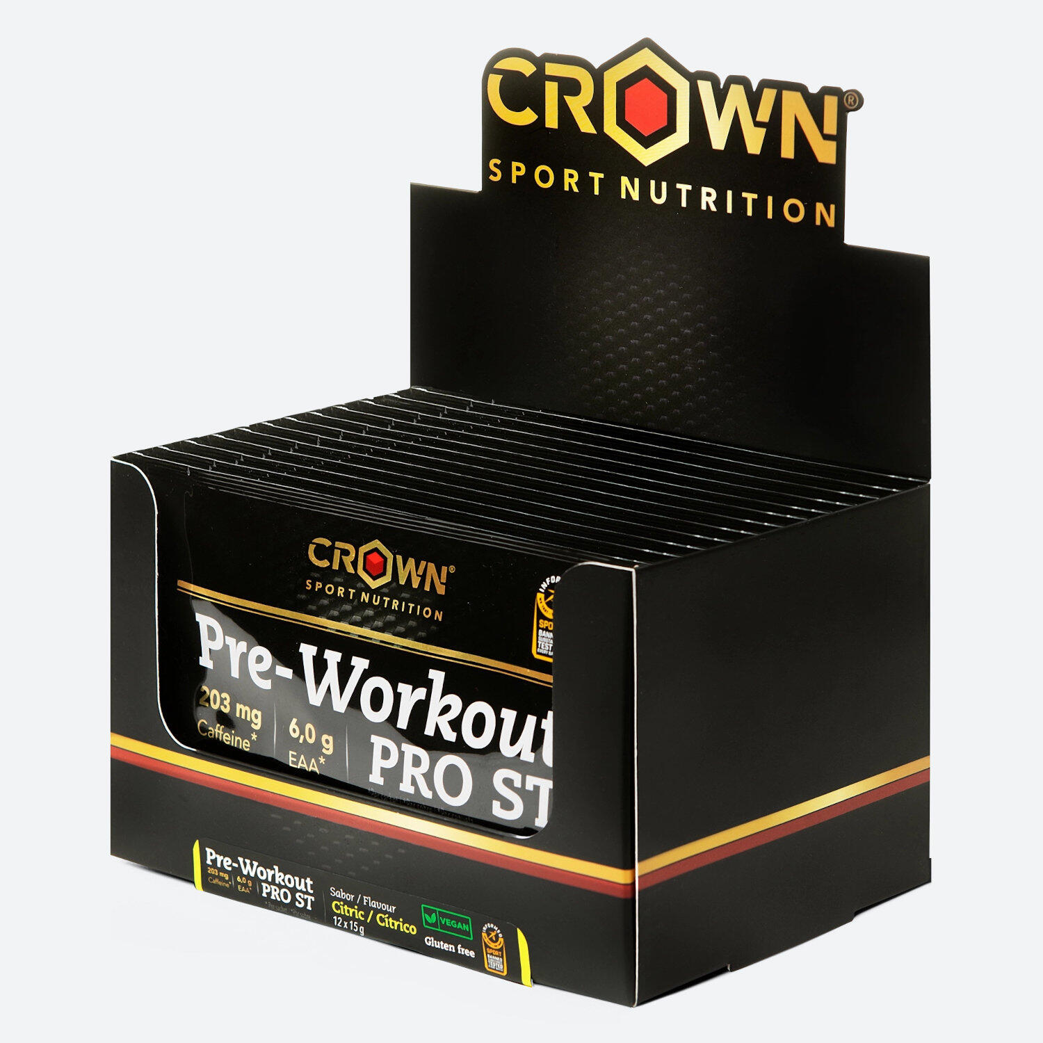 CROWN SPORT NUTRITION Caixa de 12 saquetas de pré-treino 'Pre-Workout ST' de 15 g Citrus