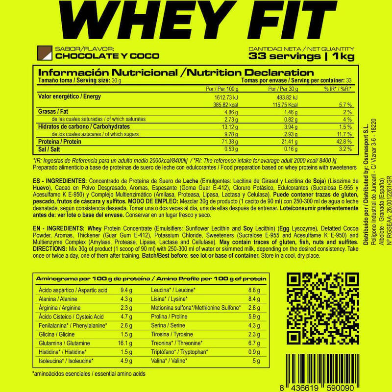 Whey FIT - 1Kg Chocolate y coco de MASmusculo Fit Line