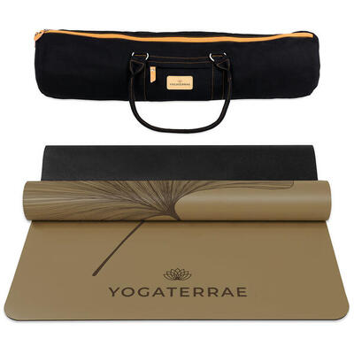 Brons yogamat van pu-natuurlijk rubber met donkere ginkgo's yin yang + yogatas