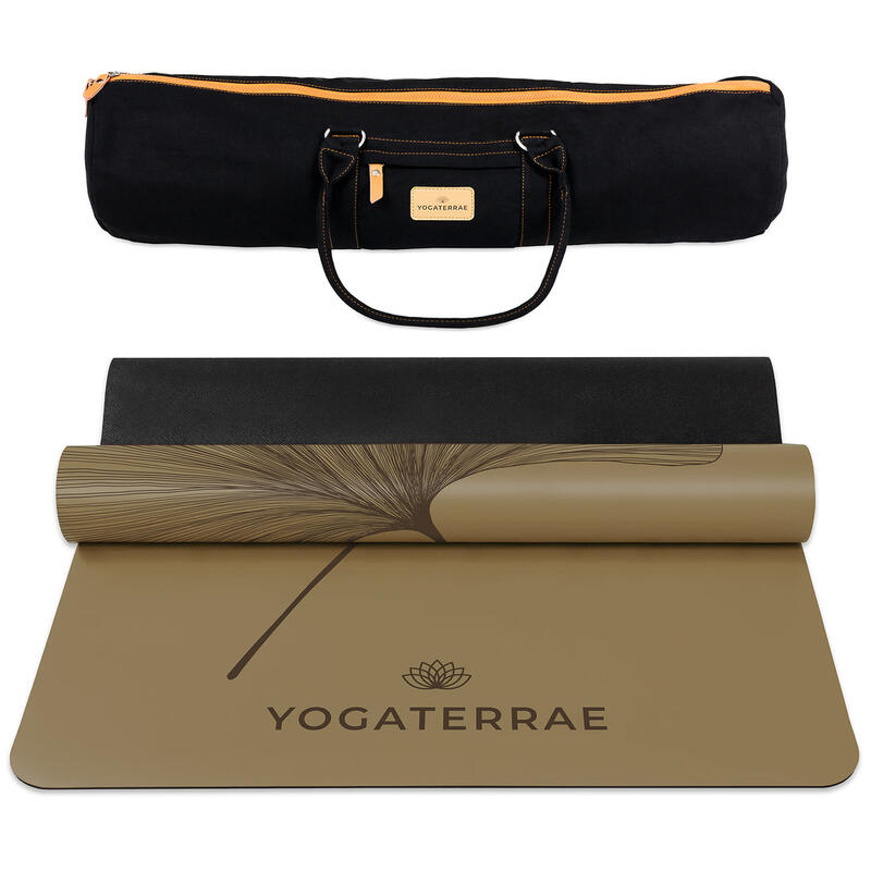 Brons yogamat van PU-natuurlijk rubber met donkere ginkgo's Yin Yang + yogatas