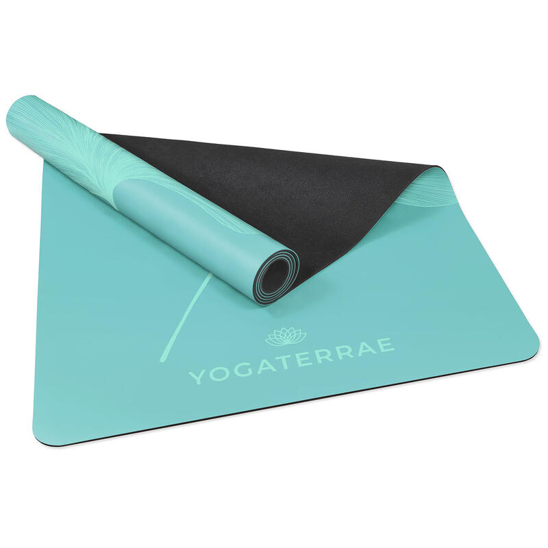 Vintage groene yogamat van PU en natuurlijk rubber met lichte ginkgo's Yin Yang