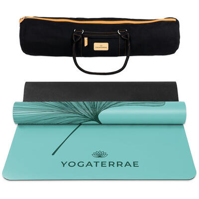 Groene yogamat van pu-natuurlijk rubber met donkere ginkgo's yin yang + yogatas