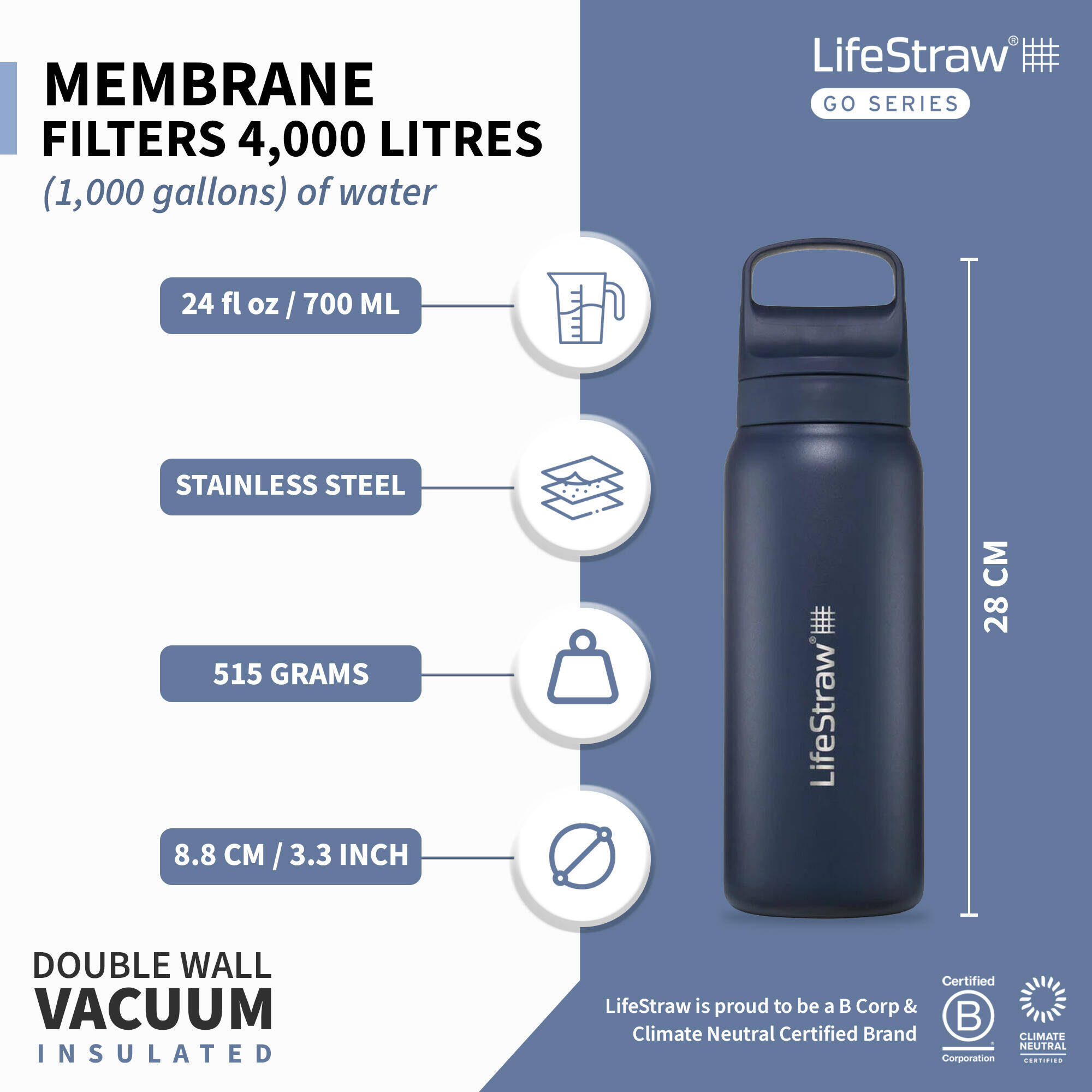 Go 2-Stage Insulated Steel Water Filter Bottle - 700 ml with Activated Carbon Filter -  2