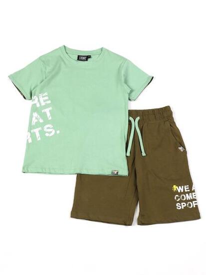 Set completo da bambino in cotone con t-shirt e pantaloncini Leone Camou