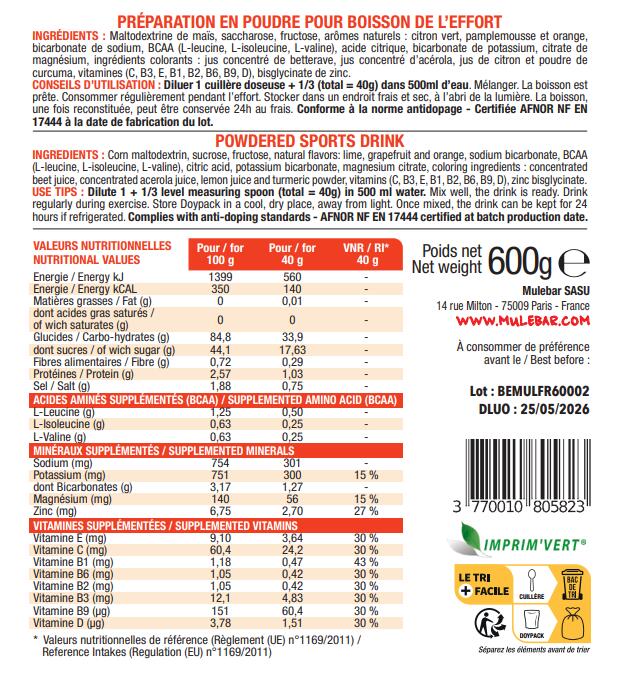 Boisson énergétique de l'effort - isotonique - Mulebar - agrumes - 600g 2/5