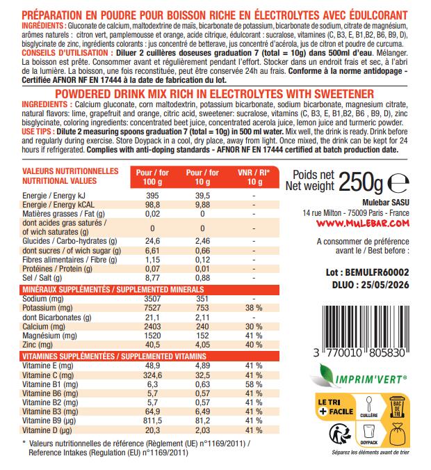 Boisson d'hydratation - Electrolytes - Mulebar - Agrumes - 250g 2/5