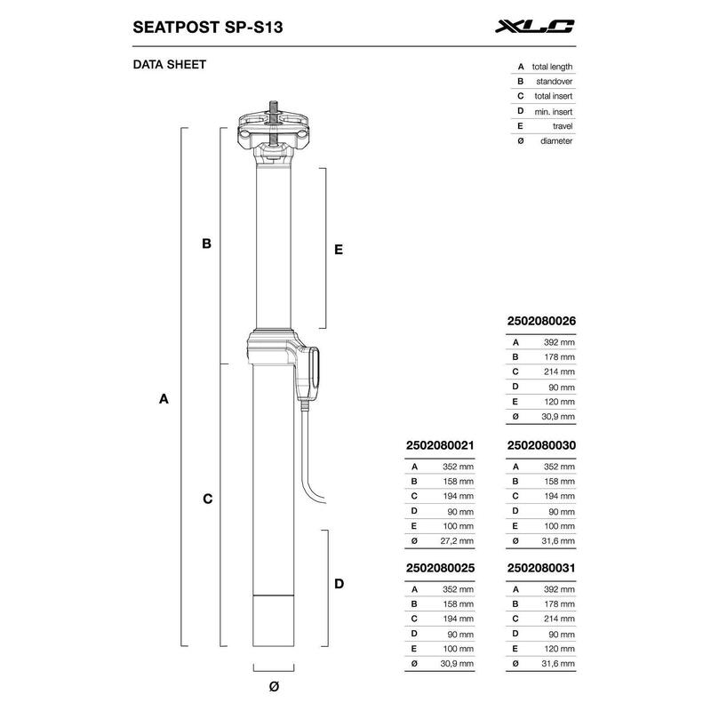 XLC Tige de selle télescopique Suspension Dropper Post SP-S13, Ø30,9mm/352mm