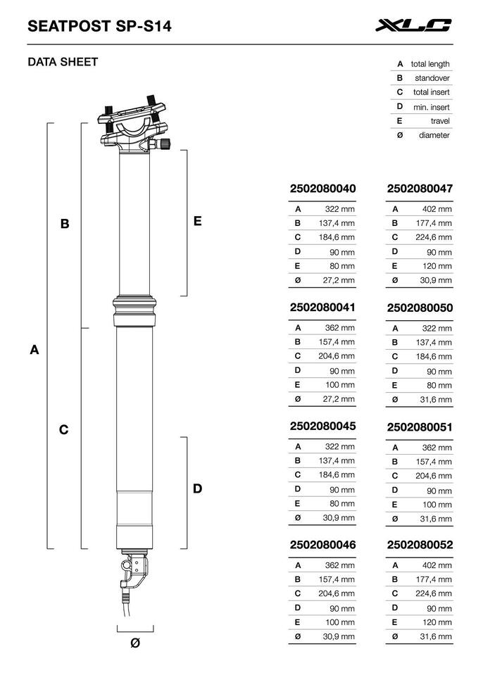 XLC Zawieszenie sztycy podsiodłowej Dropper SP-S14, Ø27,2 mm/340 mm, skok 80 mm