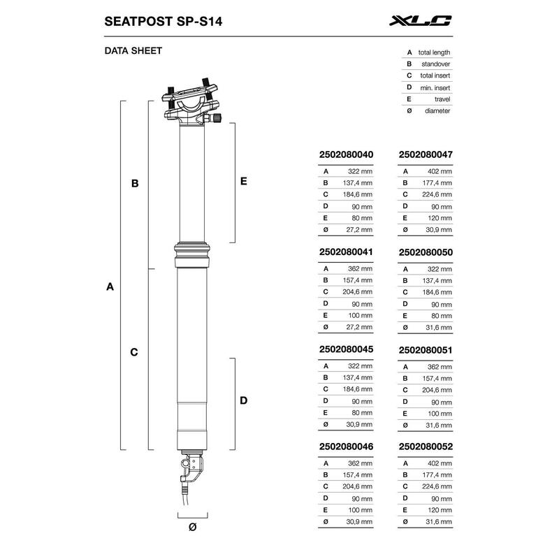 XLC Reggisella sospeso Dropper SP-S14, Ø27,2mm/390mm, corsa 100mm