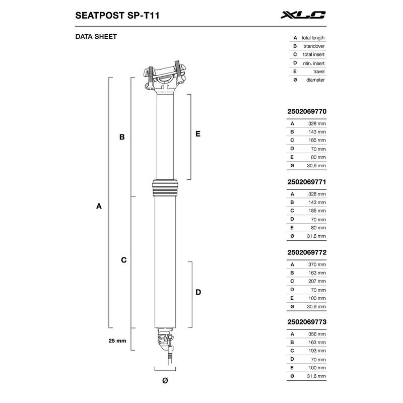 XLC Tige de selle télescopique All MTN SP-T11, Ø30,9mm, 328mm, course 80mm