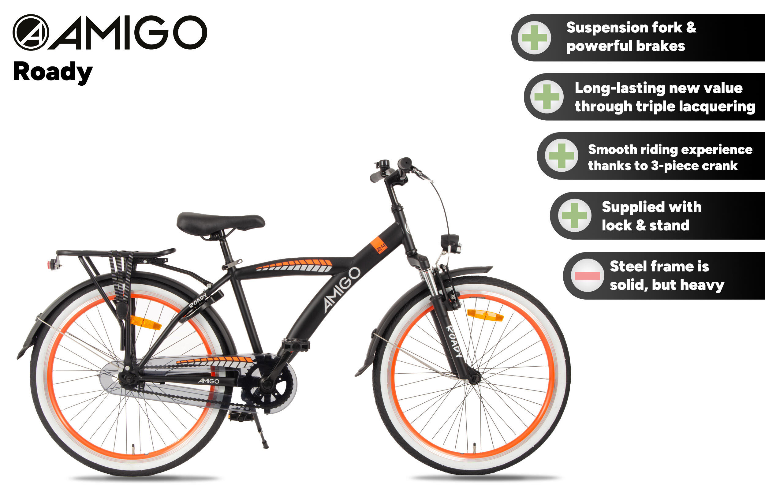 AMIGO Jongensfiets Roady 24 Inch Jongens Terugtraprem Zwart/Oranje 2/7