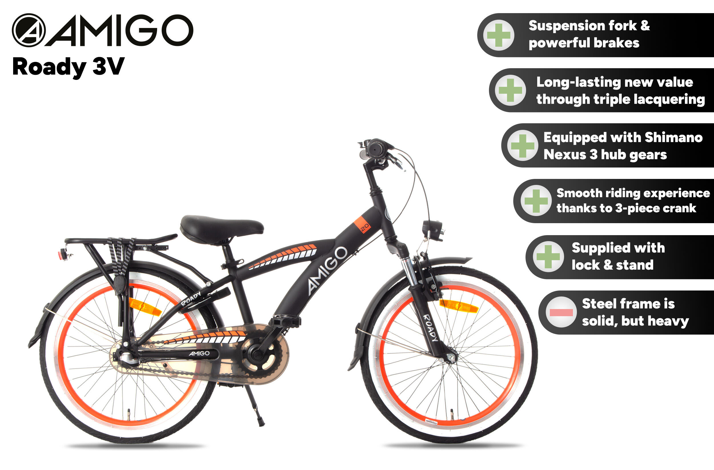 AMIGO Jongensfiets Roady 24 Inch Jongens 3V Terugtraprem Zwart/Oranje 2/7