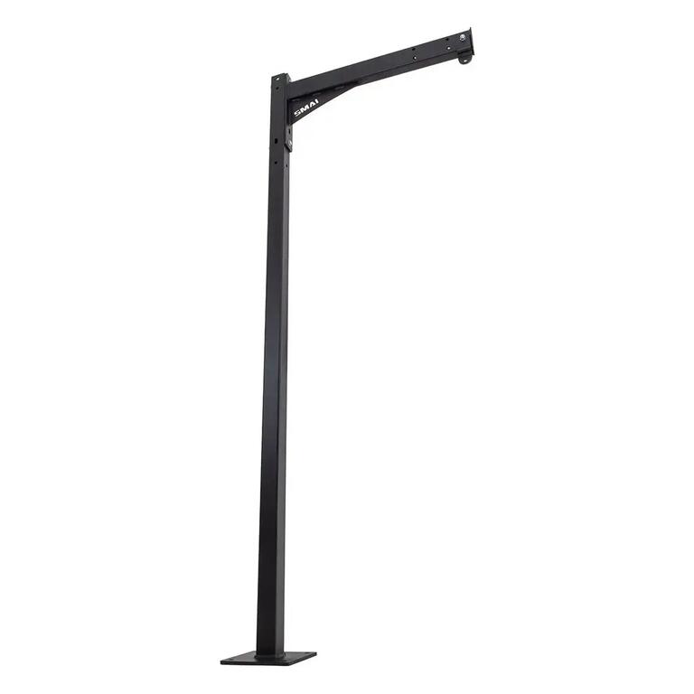 Black commercial boxing bag stand with floor-mounted post and overhead hanging arm