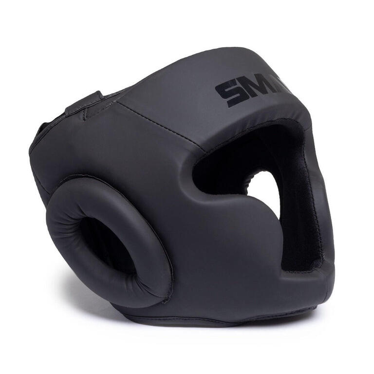 Black SMAI boxing headguard with padded cheek and chin protection