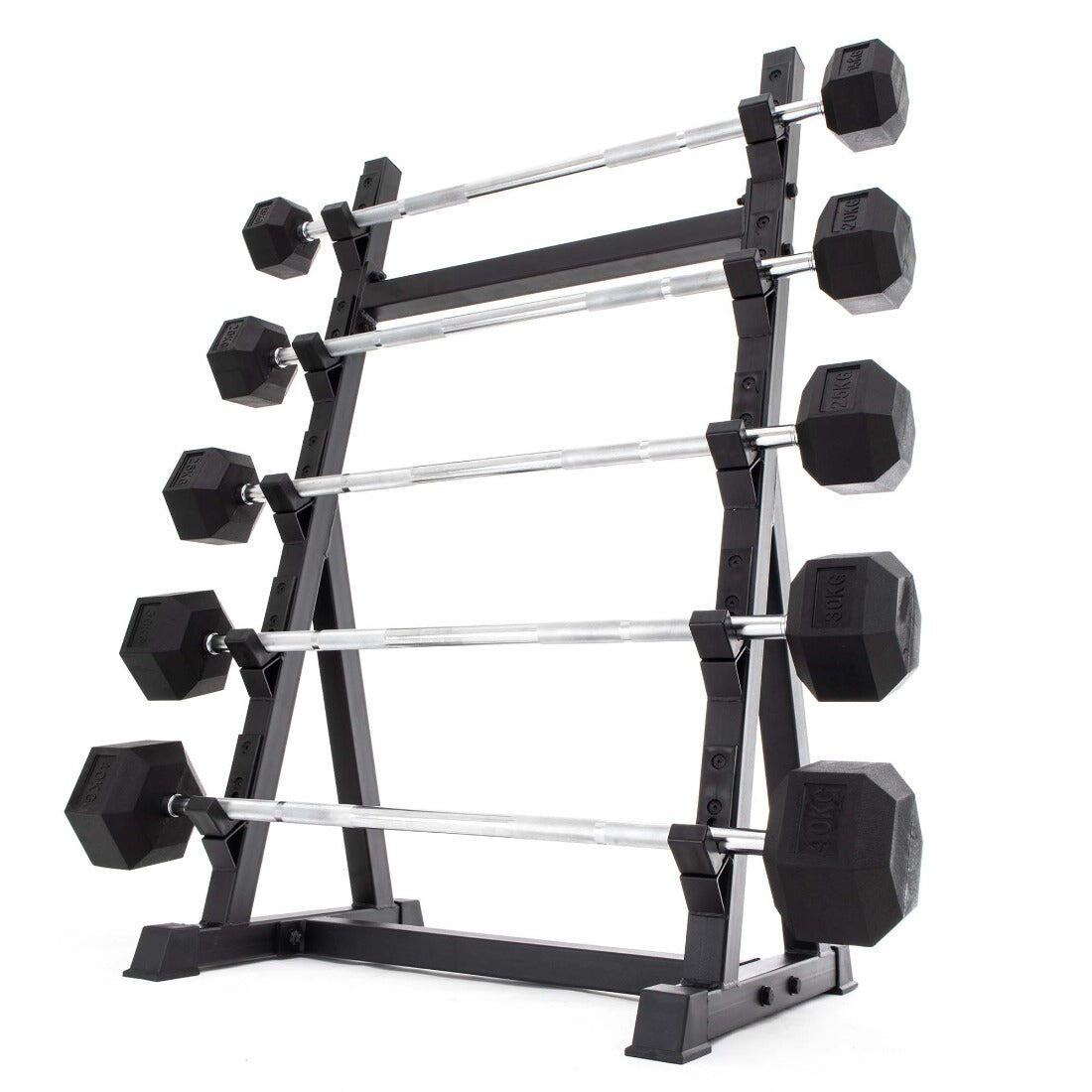 Fixed Barbell Set & Rack - Rubber Hex Pump Bar