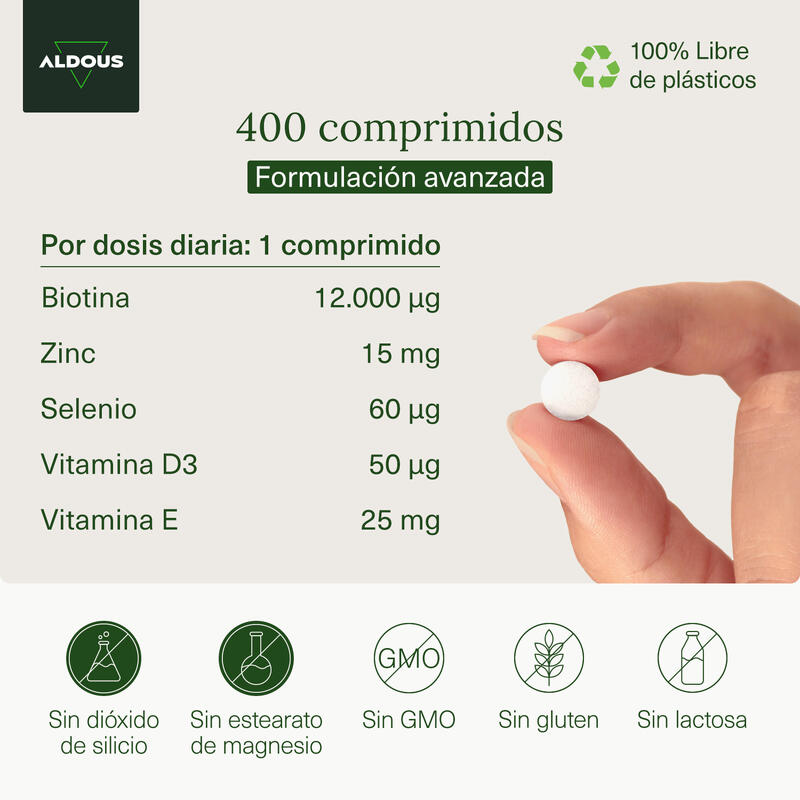 Biotina con Zinc, Selenio, Vitamina D3 y Vitamina E  Aldous | 400 Comprimidos