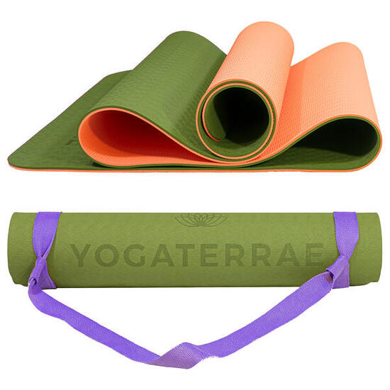 TAPIS DE YOGA ANTIDÉRAPANT DURABLE Confort Olive Corail TPE Léger + SANGLE