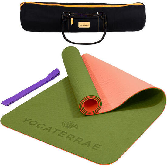 TAPIS DE YOGA ANTIDÉRAPANT DURABLE Confort Olive Corail TPE Léger + SAC & SANGLE